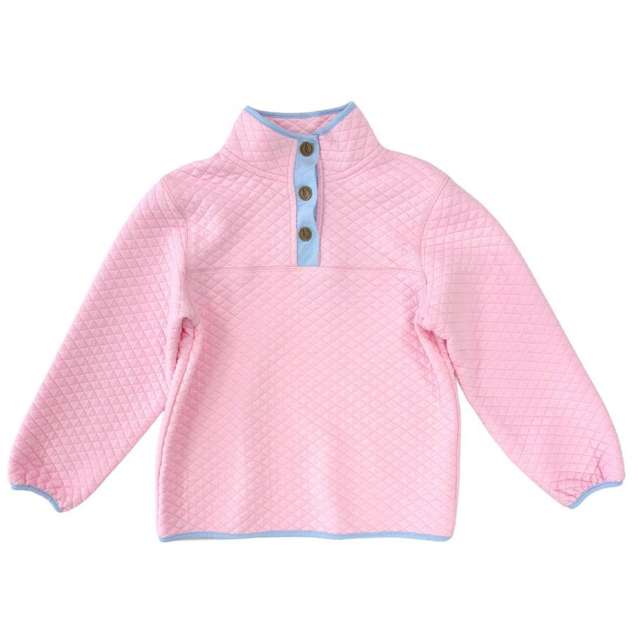 Little English traditional children's clothing.  Comfy light pink quilted pullover with light blue trim for girls for Fall