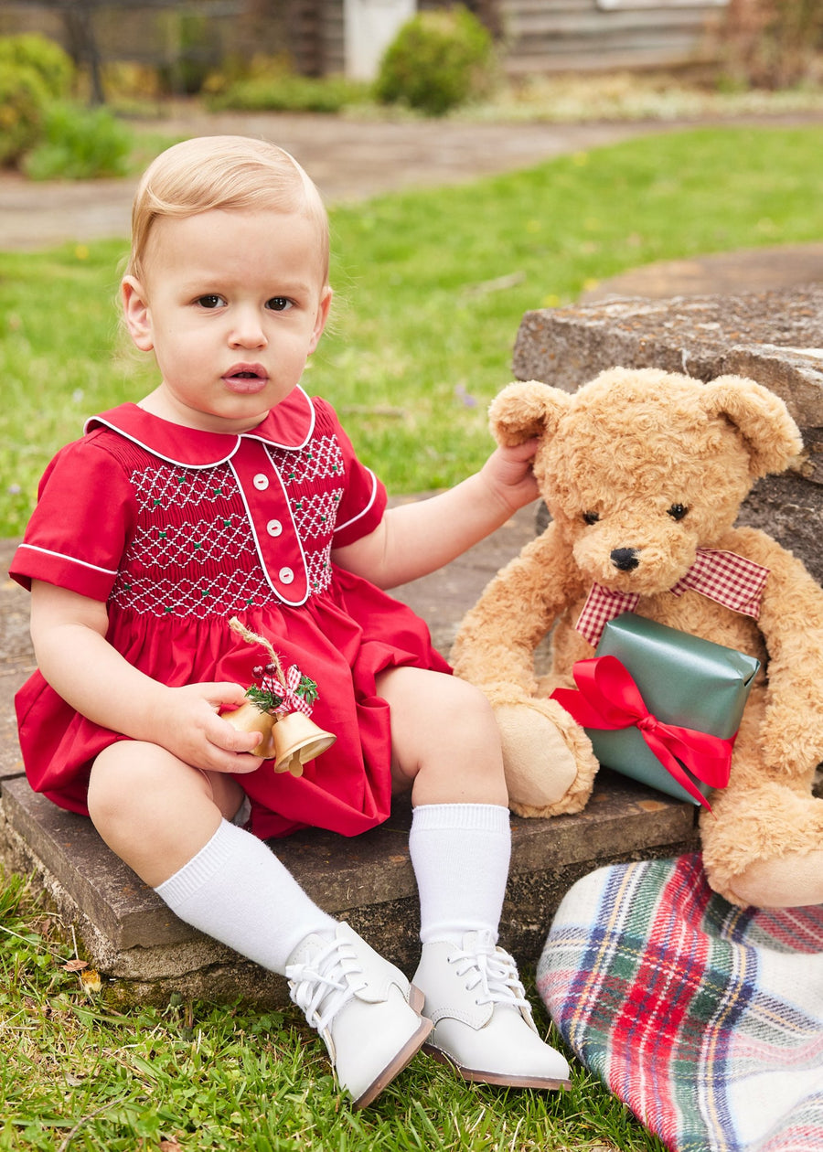 Little English traditional children's clothing, red smocked peter pan bubble for baby boy, classic holiday outfit