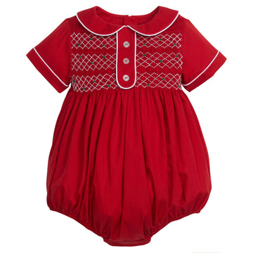 Little English traditional children's clothing, red smocked peter pan bubble for baby boy, classic holiday outfit