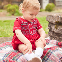 Little English traditional children's clothing, red smocked peter pan bubble for baby boy, classic holiday outfit