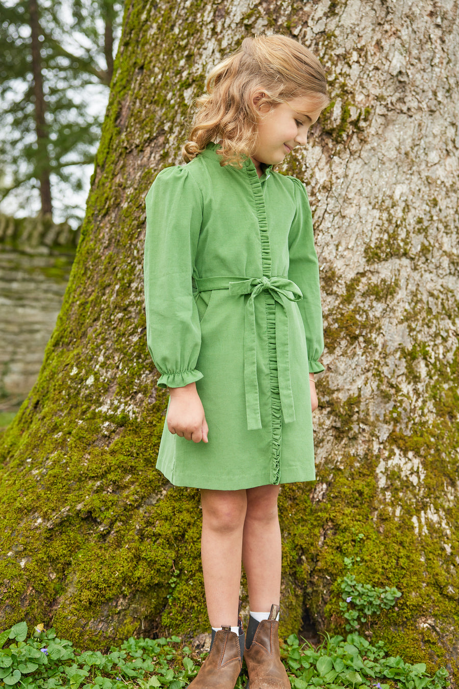 Little English traditional children's clothing.  Watercress green corduroy dress for older girls for fall