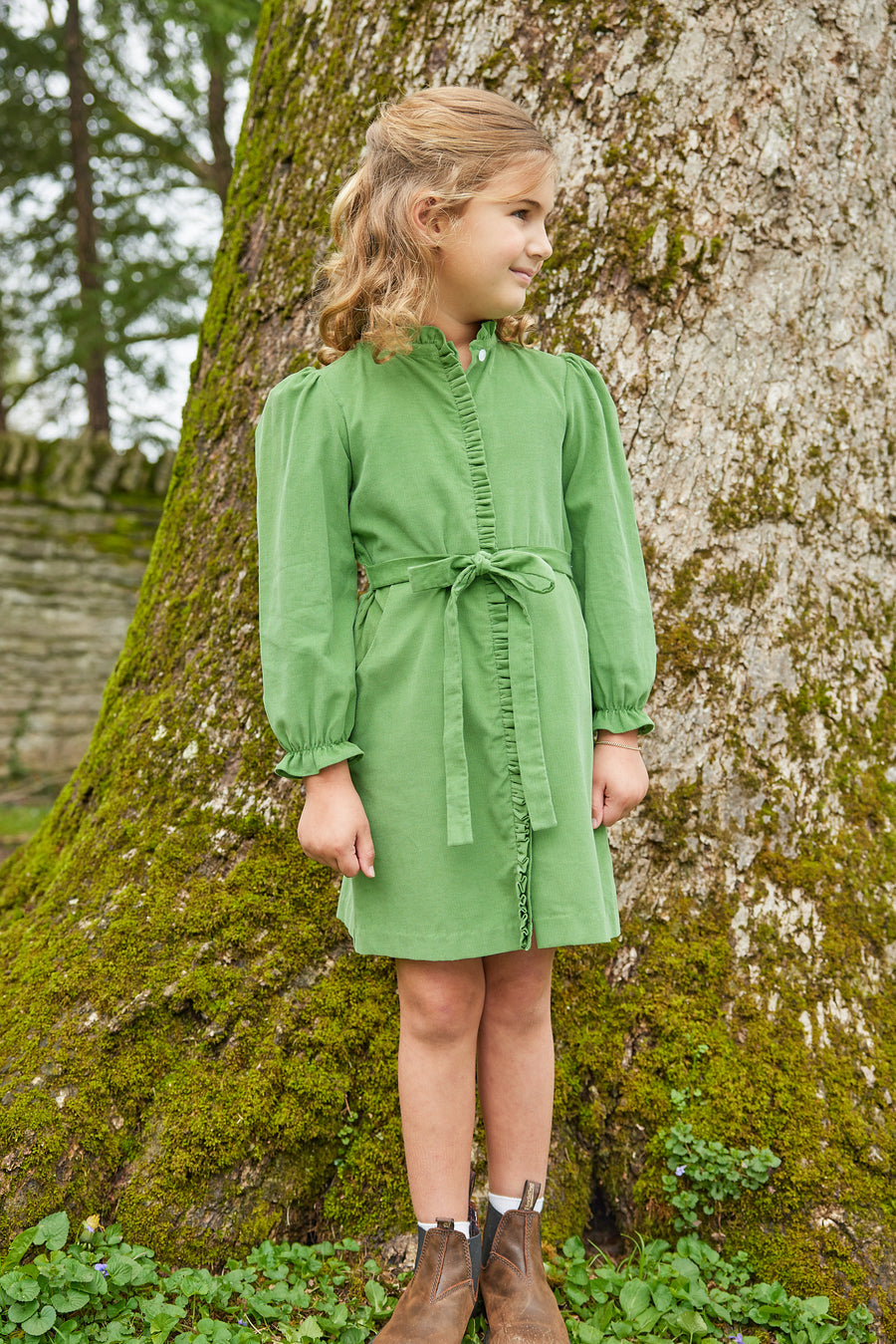 Little English traditional children's clothing.  Watercress green corduroy dress for older girls for fall