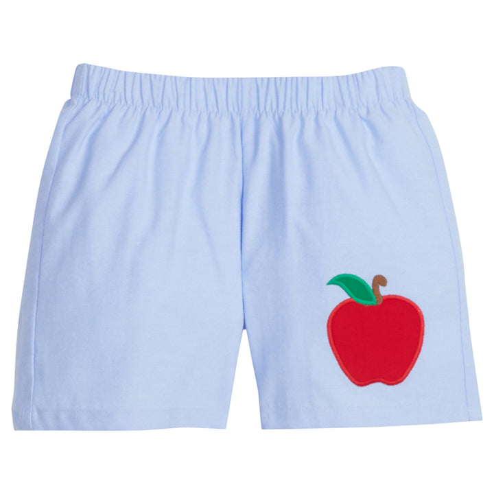 Little English traditional children's clothing. Light blue chambray basic short for little boy . Back to school shorts with red apple applique for fall.