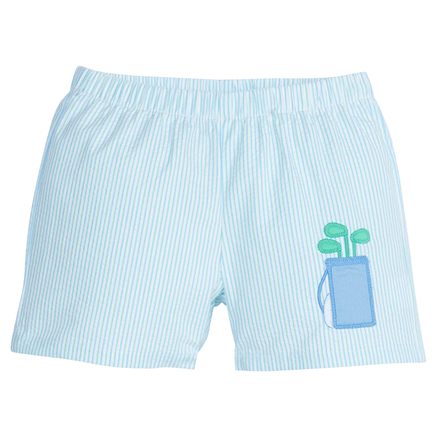 Little English traditional children's clothing.  Boy's aqua seersucker shorts with golf applique for Spring