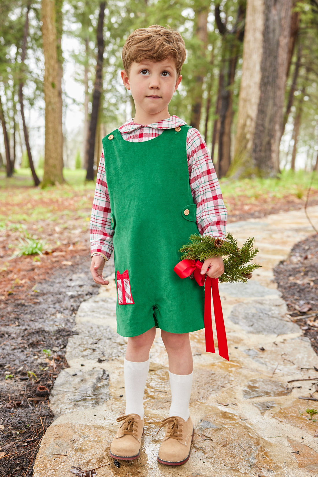 Little English traditional clothing, button tab john john set with present applique on right leg for little boy, classic holiday outfit