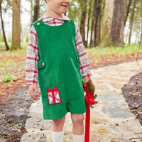 Little English traditional clothing, button tab john john set with present applique on right leg for little boy, classic holiday outfit