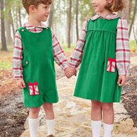 Little English traditional clothing, button tab john john set with present applique on right leg for little boy, classic holiday outfit