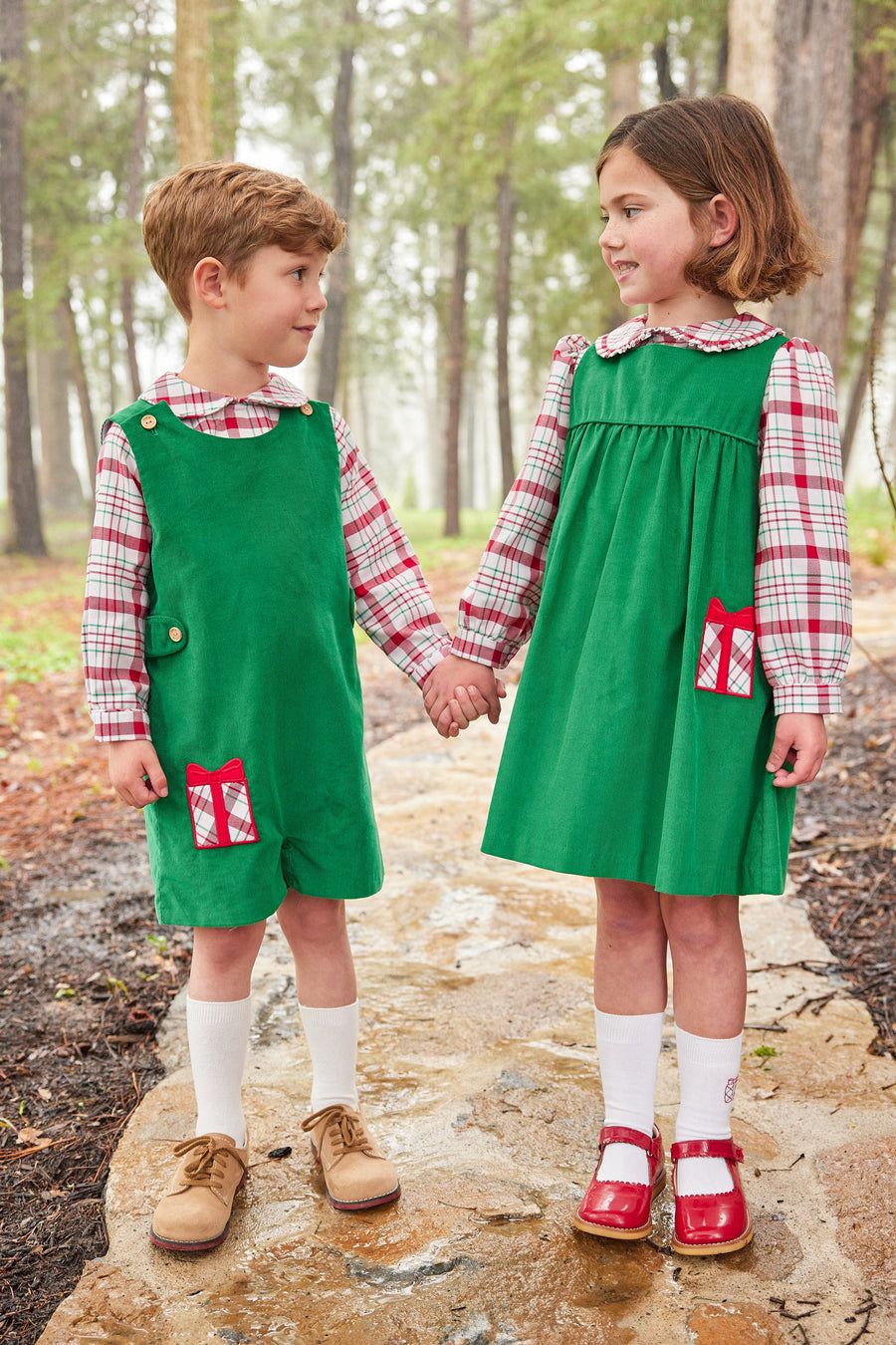 Little English traditional clothing, button tab john john set with present applique on right leg for little boy, classic holiday outfit