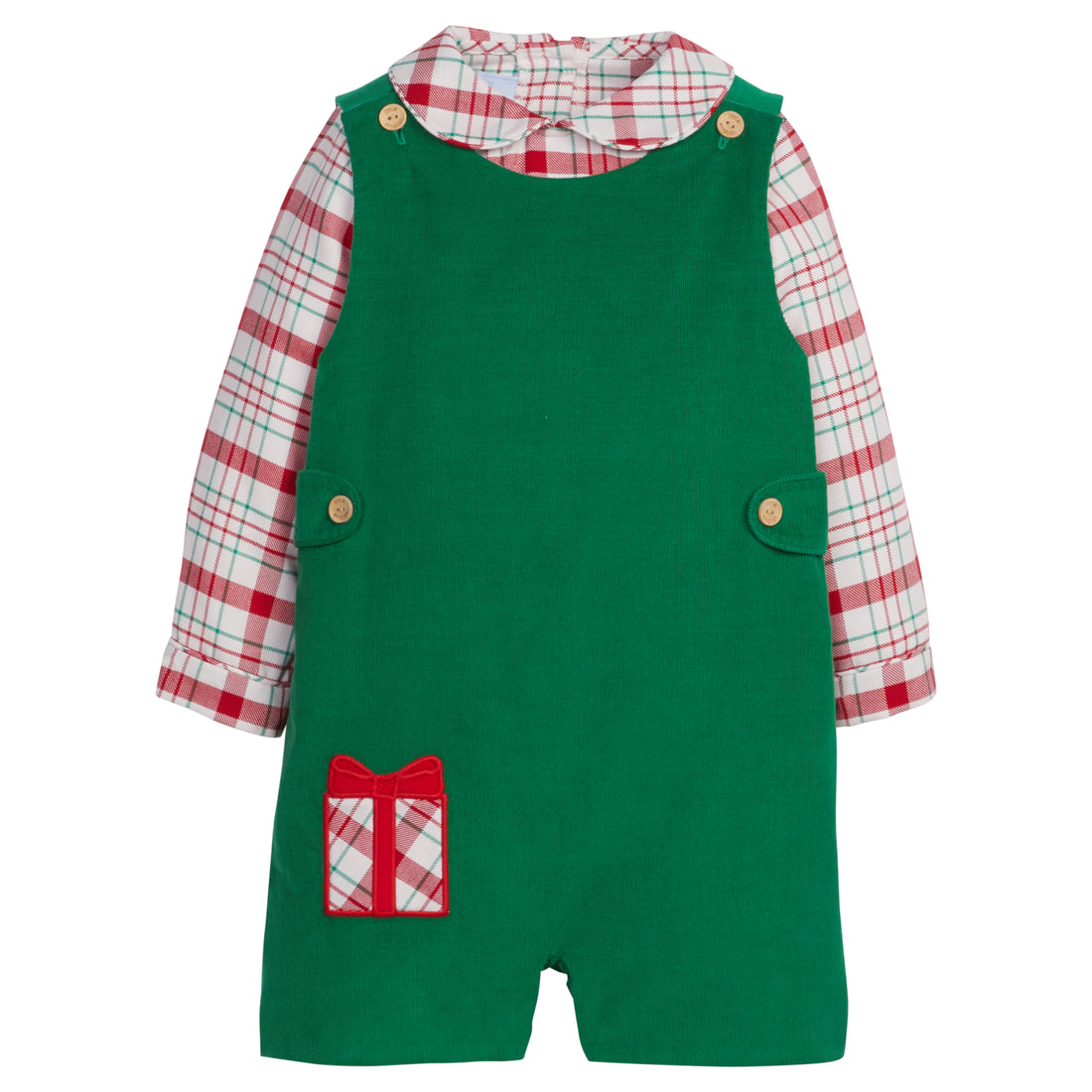 Little English traditional clothing, button tab john john set with present applique on right leg for little boy, classic holiday outfit