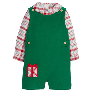 Little English traditional clothing, button tab john john set with present applique on right leg for little boy, classic holiday outfit