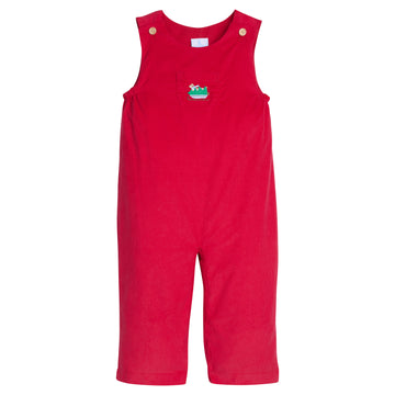 Little English traditional clothing, campbell overall in red corduroy with holiday lab applique on chest, classic holiday outfit for little boy  