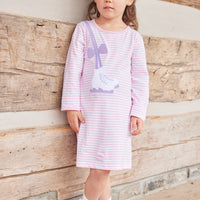 Little English traditional clothing, Light pink and white stripe long sleeve knit shirt dress with ice skate applique over the right shoulder for little girl