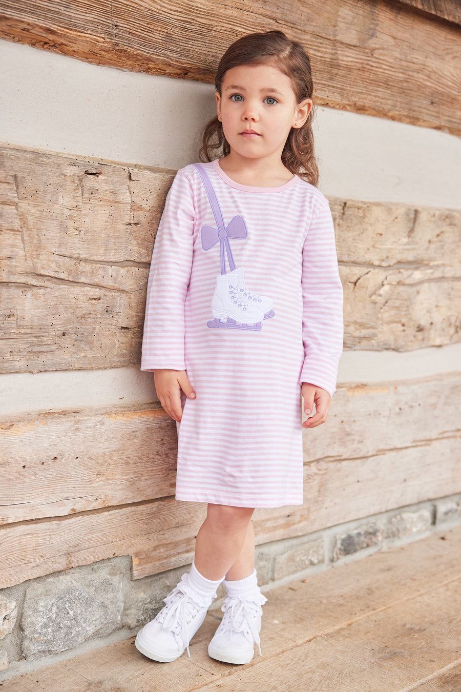 Little English traditional clothing, Light pink and white stripe long sleeve knit shirt dress with ice skate applique over the right shoulder for little girl