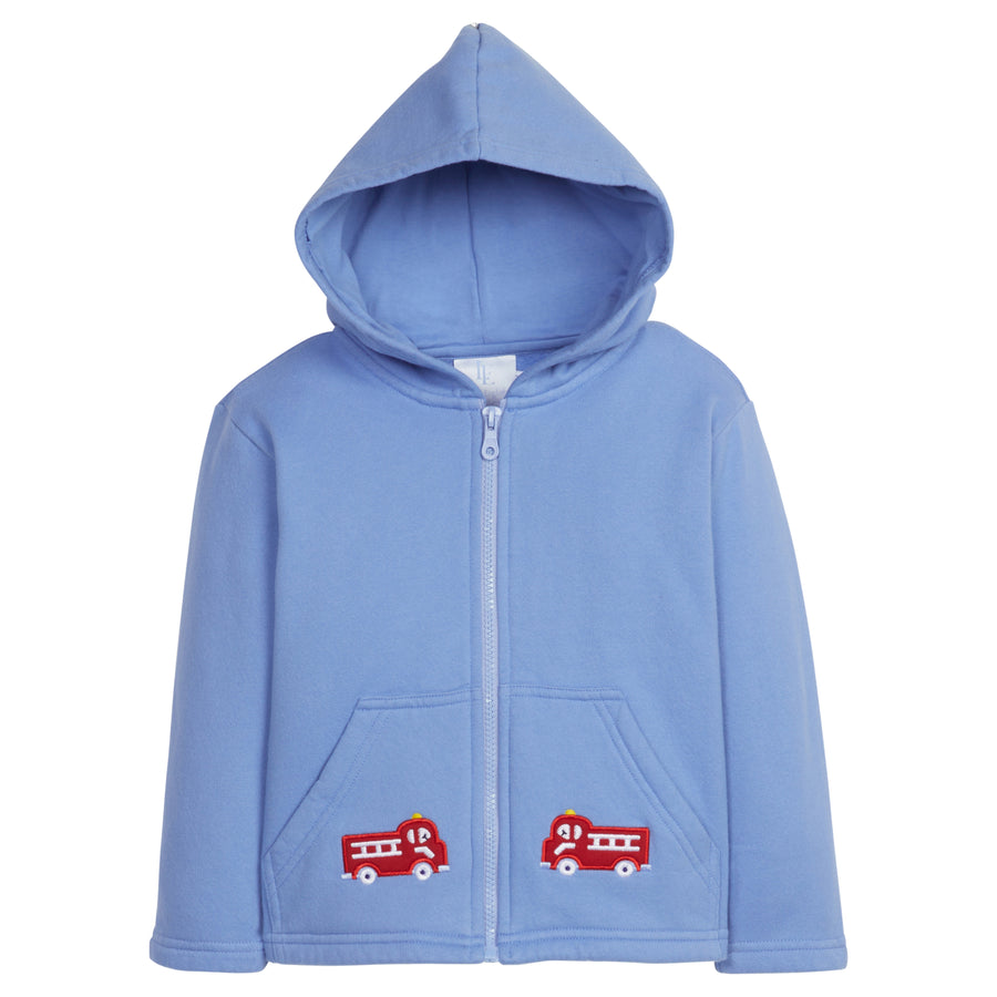 Little English traditional clothing, light blue zip up hoodie with fire truck applique on pockets for little boy