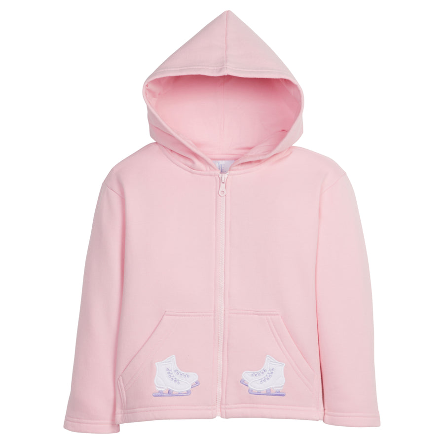 Little English traditional clothing, light pink zip up hoodie with ice skate applique on pockets for little girl 