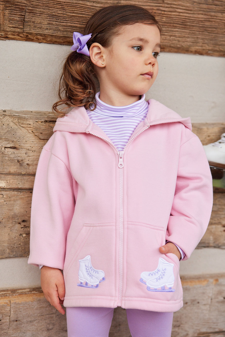 Little English classic children's clothing, light pink hooded jacket for fall with applique ice skates