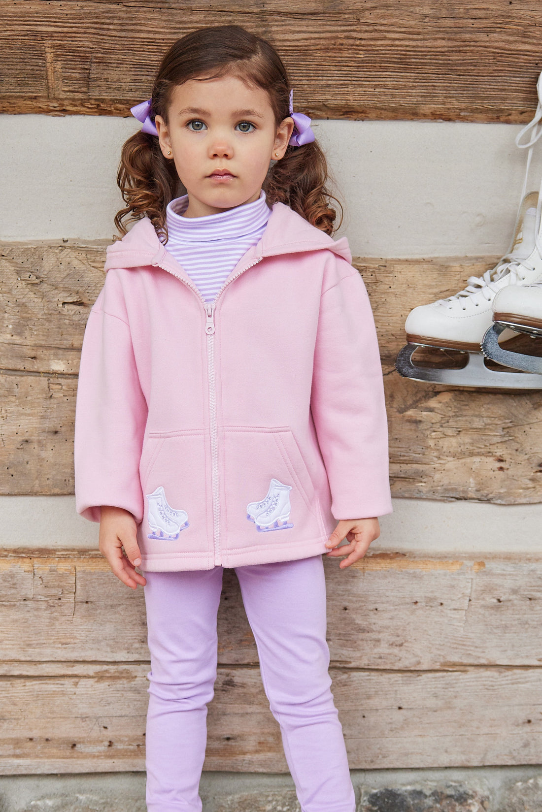 Little English traditional clothing, light pink zip up hoodie with ice skate applique on pockets for little girl 