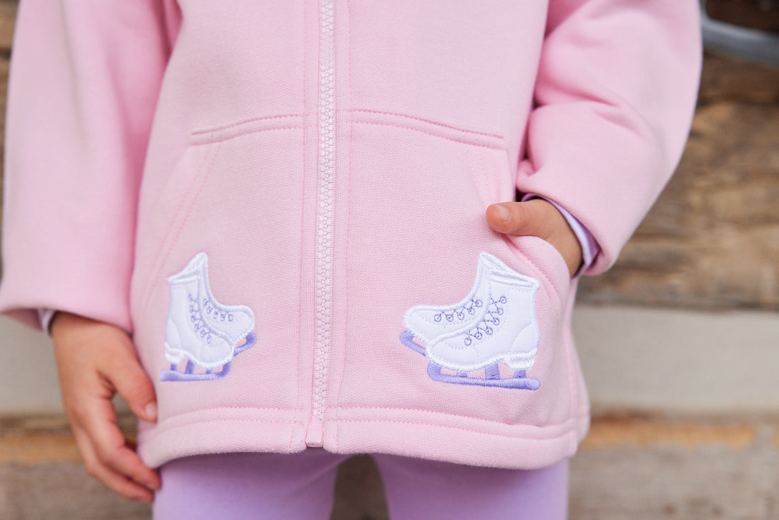 Little English traditional clothing, light pink zip up hoodie with ice skate applique on pockets for little girl 