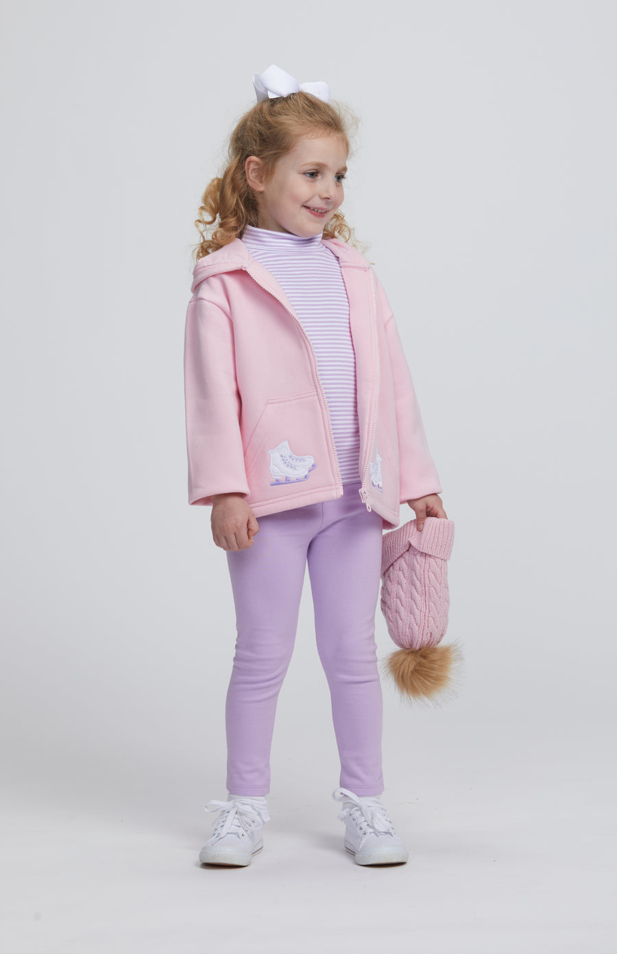 Little English traditional clothing, light pink zip up hoodie with ice skate applique on pockets, striped turtleneck in lavender, leggings in lavender, for little girl 