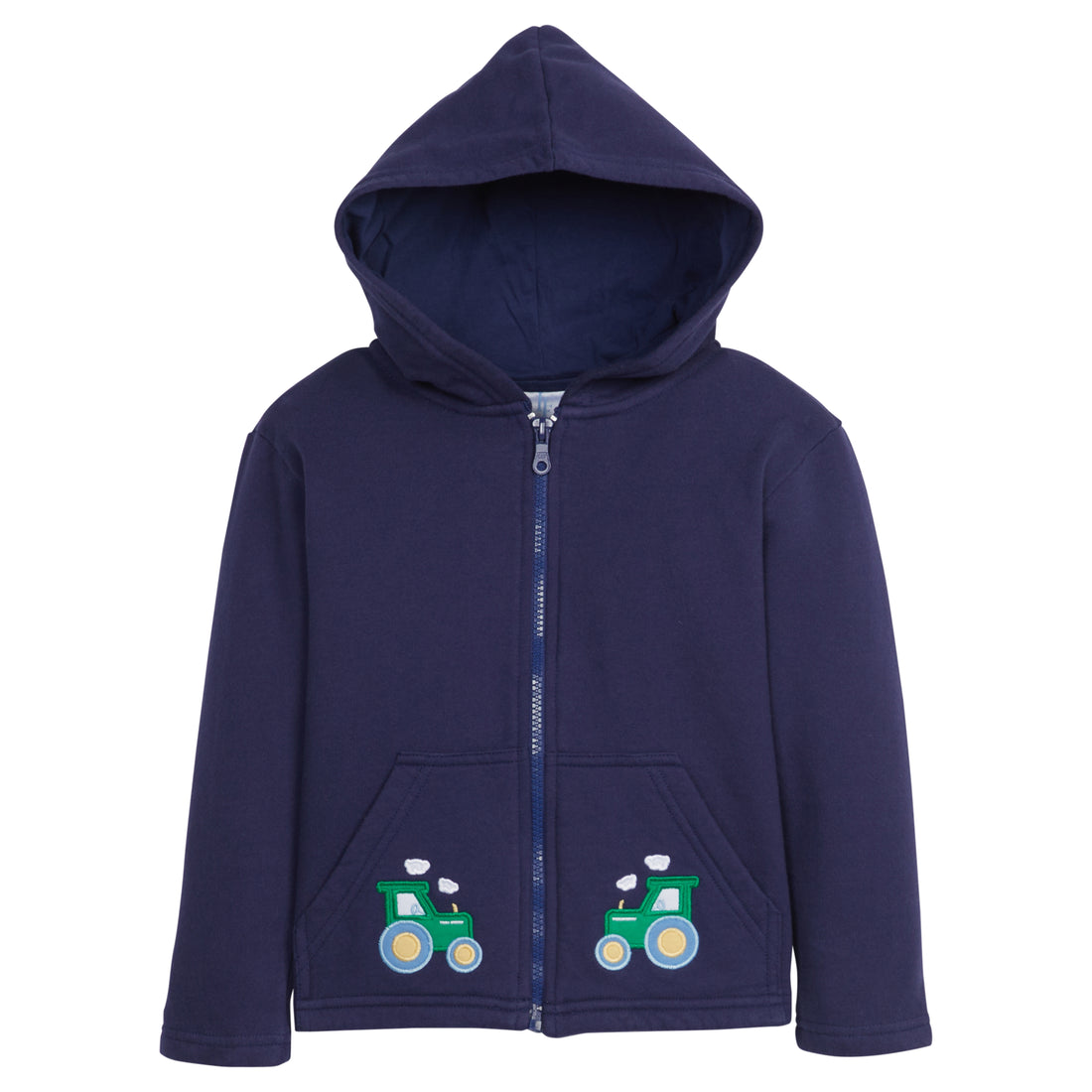 Little English traditional clothing, navy zip up hoodie for little boy with tractor applique on pockets 