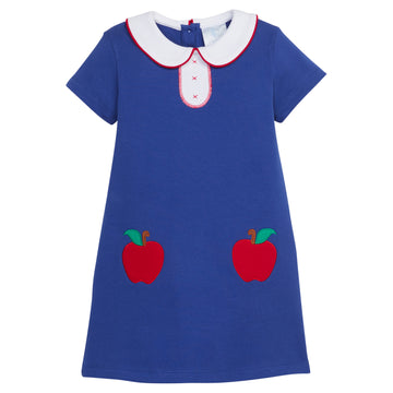 Little English traditional children's clothing, royal blue knit back to school dress for girls with peter pan collar and apple applique