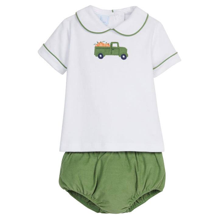 Little English traditional clothing, peter pan diaper set with green piping and diaper cover, truck with pumpkin applique on chest