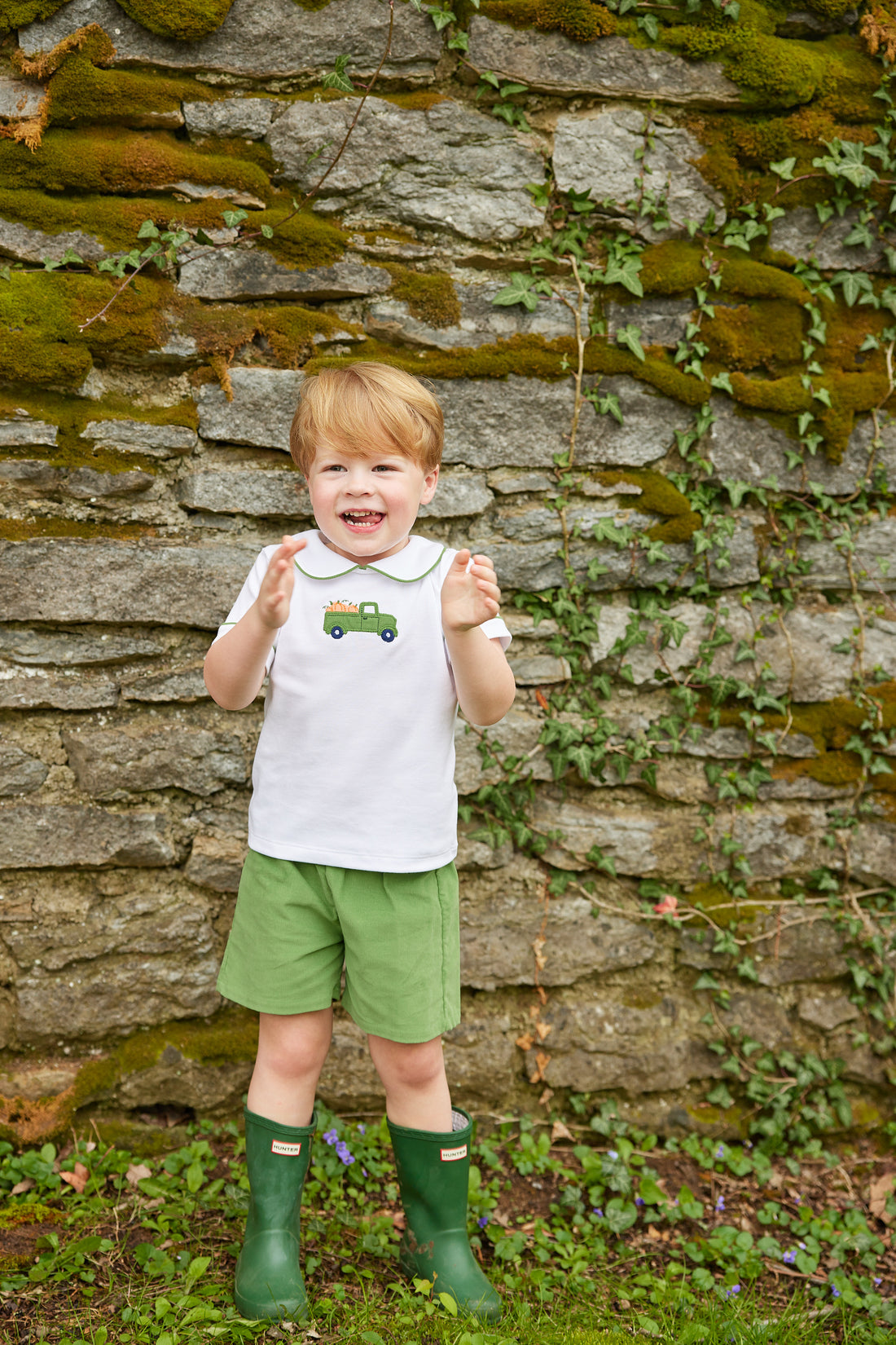 Little English traditional clothing, peter pan short set with green piping and shorts, truck with pumpkin applique on chest