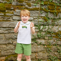 Little English traditional clothing, peter pan short set with green piping and shorts, truck with pumpkin applique on chest