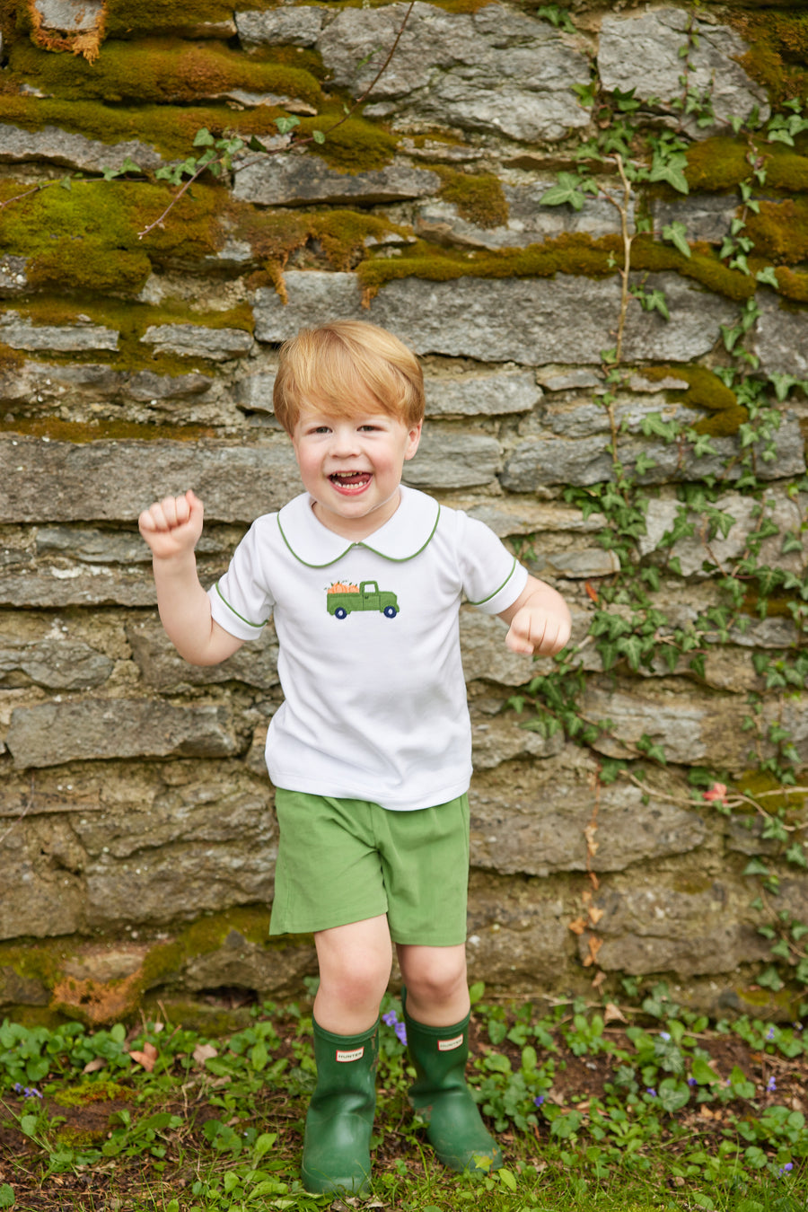 Little English traditional clothing, peter pan short set with green piping and shorts, truck with pumpkin applique on chest