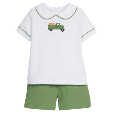 Little English traditional clothing, peter pan short set with green piping and shorts, truck with pumpkin applique on chest