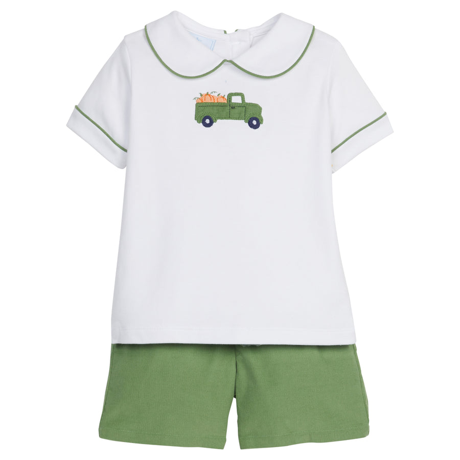 Little English traditional clothing, peter pan short set with green piping and shorts, truck with pumpkin applique on chest