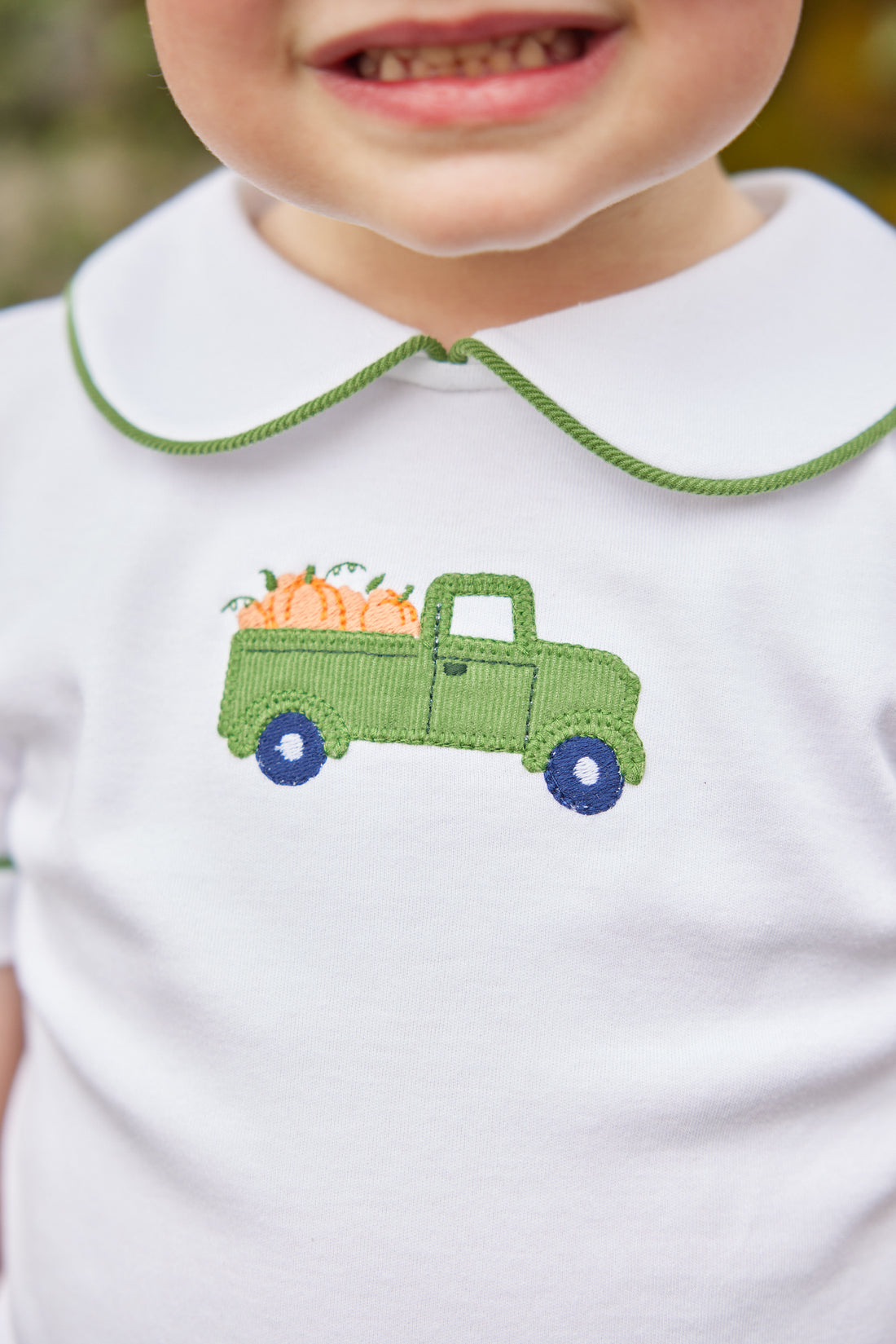 Little English traditional clothing, peter pan diaper set with green piping and diaper cover, truck with pumpkin applique on chest