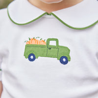 Little English traditional clothing, peter pan diaper set with green piping and diaper cover, truck with pumpkin applique on chest