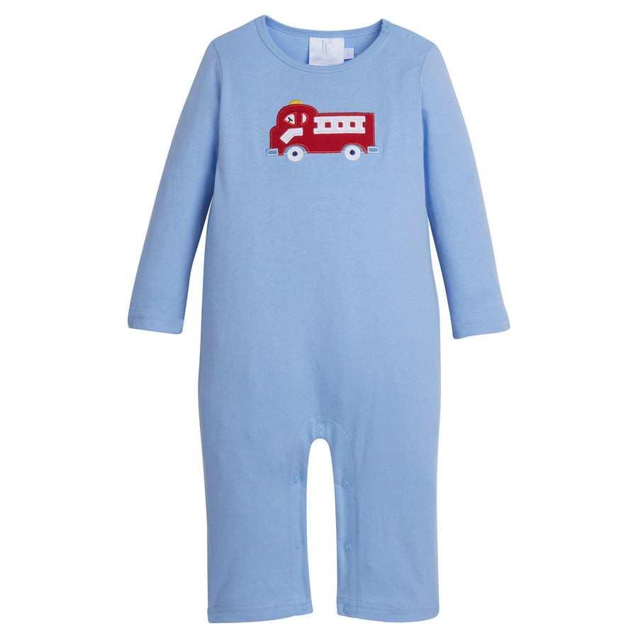 Little English traditional children's clothing. Solid light blue romper with red applique firetruck for little boys for Fall