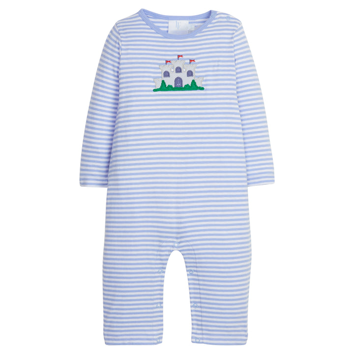 Little English traditional children's clothing.  Blue and white striped romper for baby boys with fort applique for fall