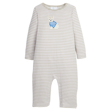 Little English traditional clothing, tan and white stripe knit romper with frenchie applique on chest for little boy