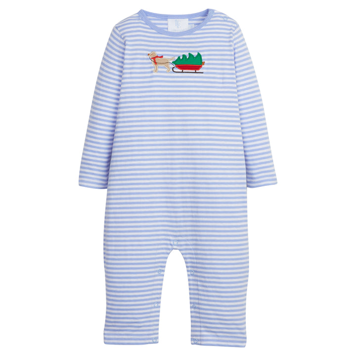 Little English traditional clothing, Light blue and white stripe romper with holiday lab applique on chest for little boy