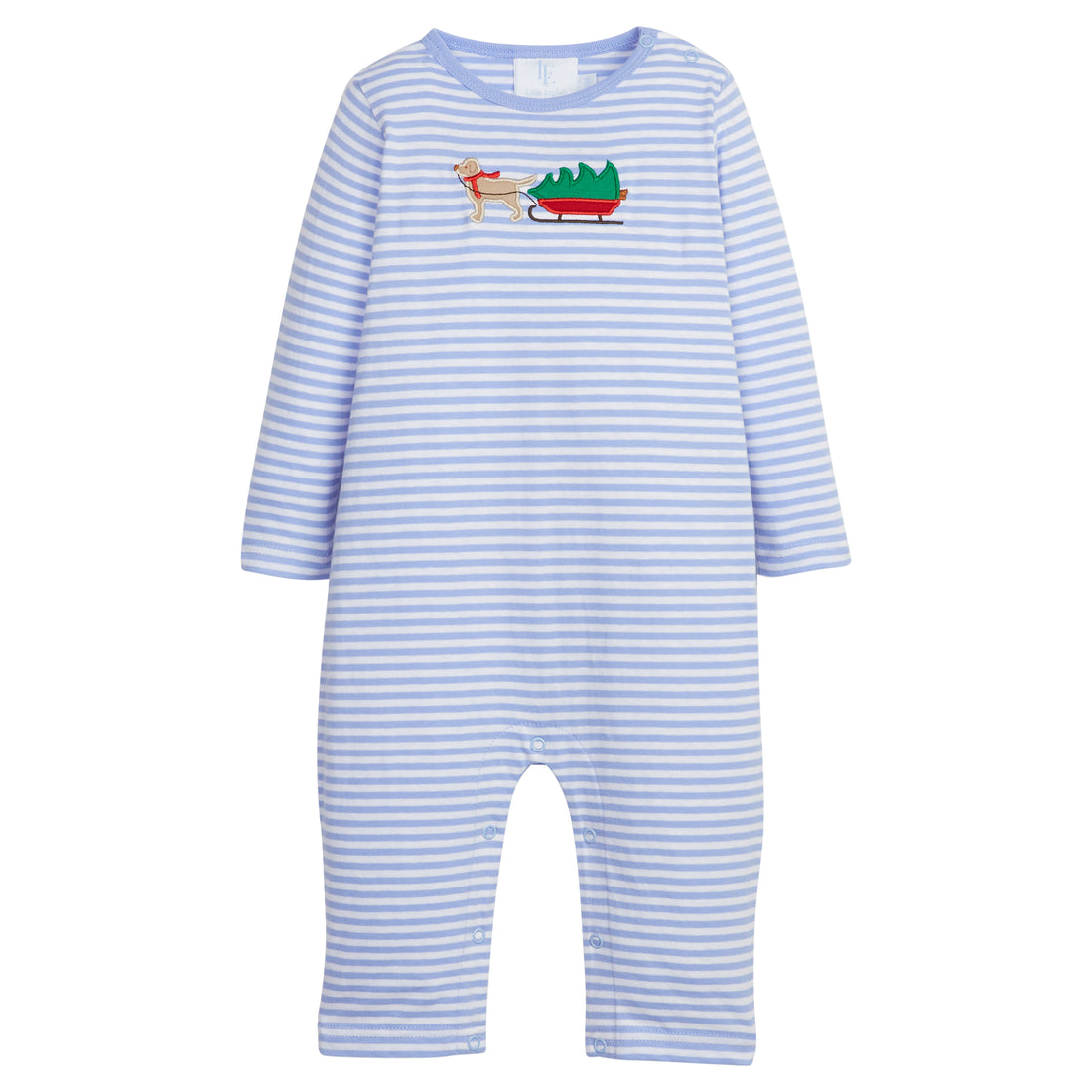 Little English traditional clothing, Light blue and white stripe romper with holiday lab applique on chest for little boy