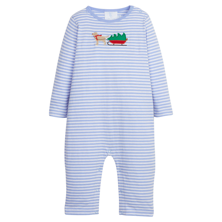 Little English traditional clothing, Light blue and white stripe romper with holiday lab applique on chest for little boy