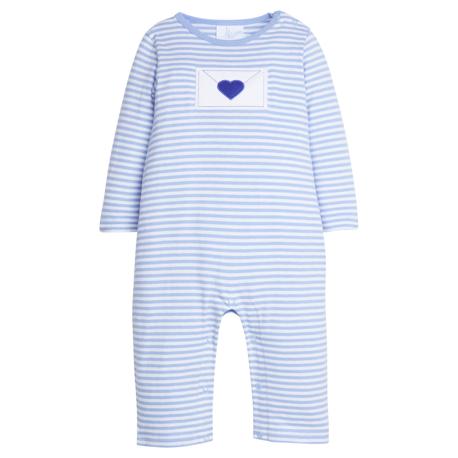 Little English traditional clothing, light blue and white stripe knit romper with love letter applique on chest for little boy