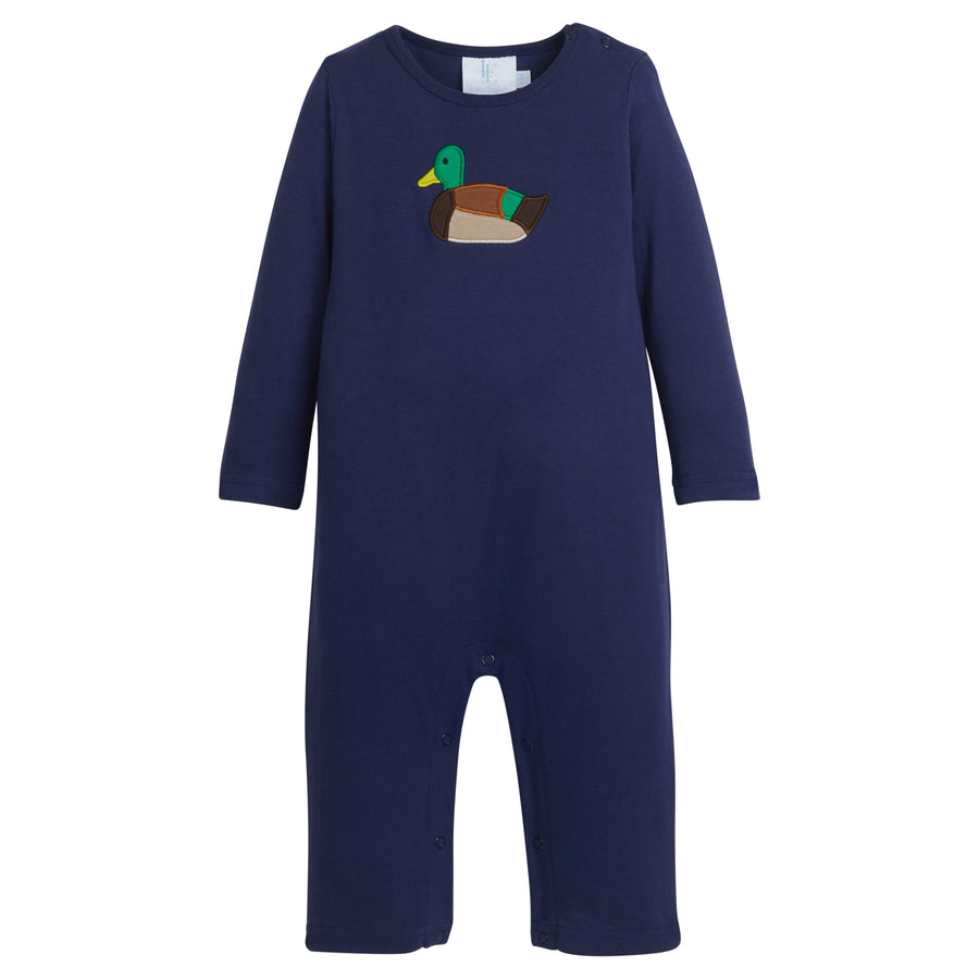 Little English traditional clothing, solid navy striped knit romper with mallard applique on chest for little boy