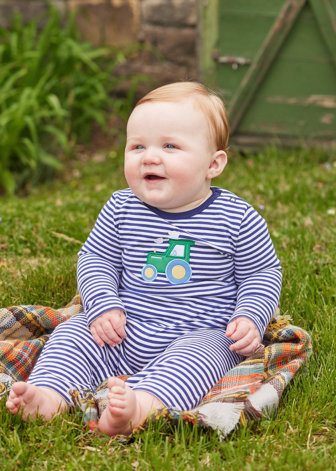 Little English traditional clothing, navy and white stripe romper with tractor applique on the chest for little boy