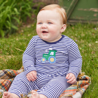 Little English traditional clothing, navy and white stripe romper with tractor applique on the chest for little boy