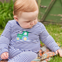 Little English traditional clothing, navy and white stripe romper with tractor applique on the chest for little boy