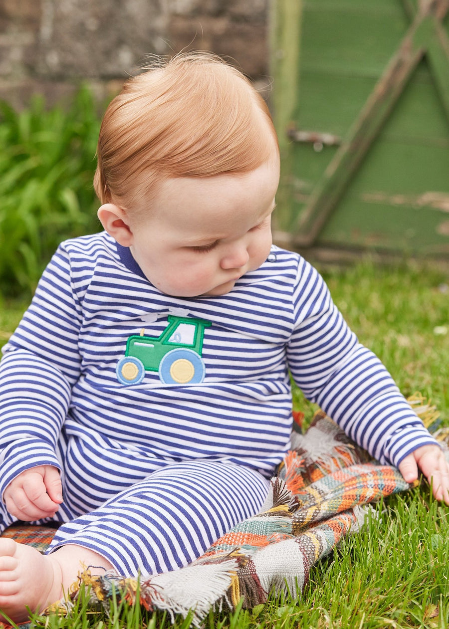 Little English traditional clothing, navy and white stripe romper with tractor applique on the chest for little boy