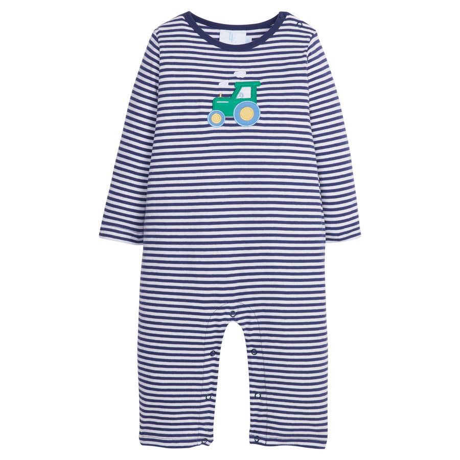 Little English traditional clothing, navy and white stripe romper with tractor applique on the chest for little boy