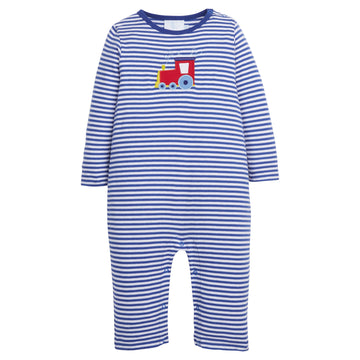 Little English traditional clothing, blue and white striped romper with train applique on chest for little boy