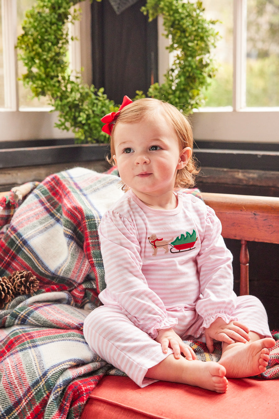 Little English traditional clothing, light pink and white stripe knit romper with ruffled sleeves and holiday lab applique on chest for little girl