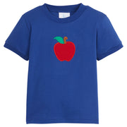 Little English traditional children's clothing, royal blue back to school t-shirt for boys with red apple applique