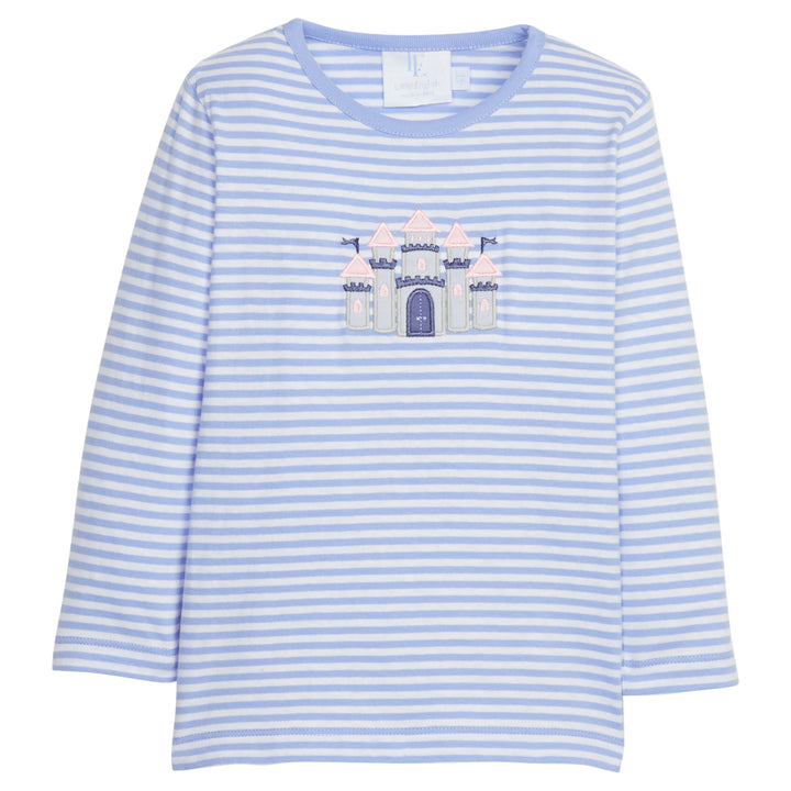 Little English traditional children's clothing. Blue and white striped t-shirt with applique castle for girls for Fall